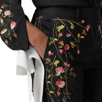 1 qty Pantalon tailleur en laine et roses brodées - Black