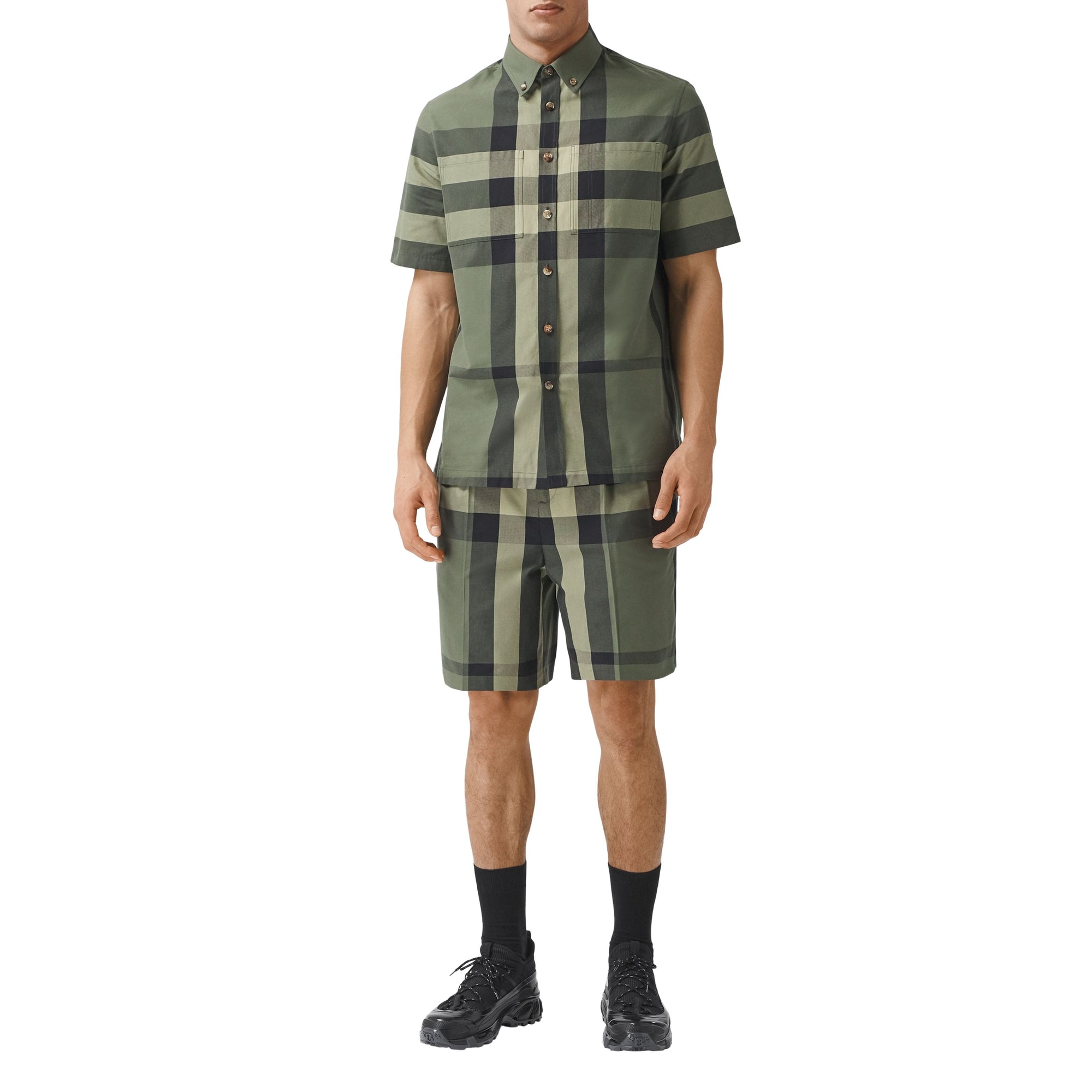 1 qty Short ajusté en coton à motif check - Military Green