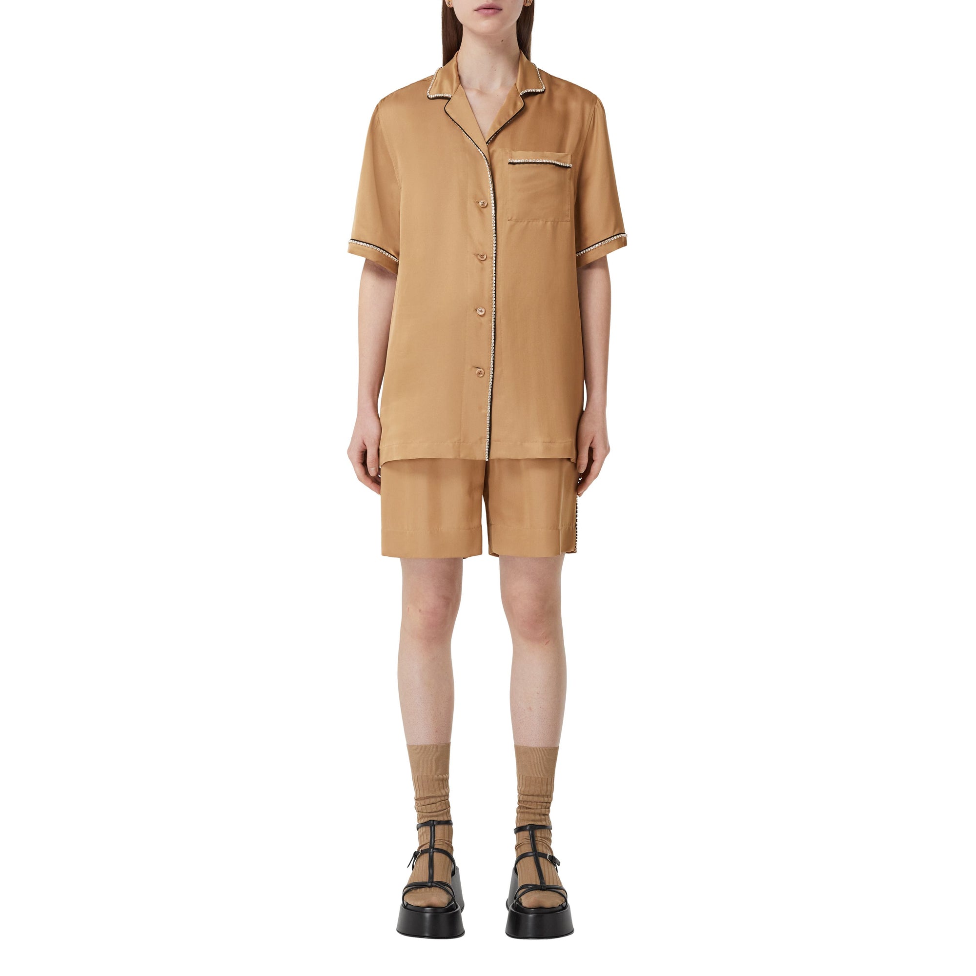 ZZNOSTOCK Chemise pyjama en satin de soie mélangé - Camel