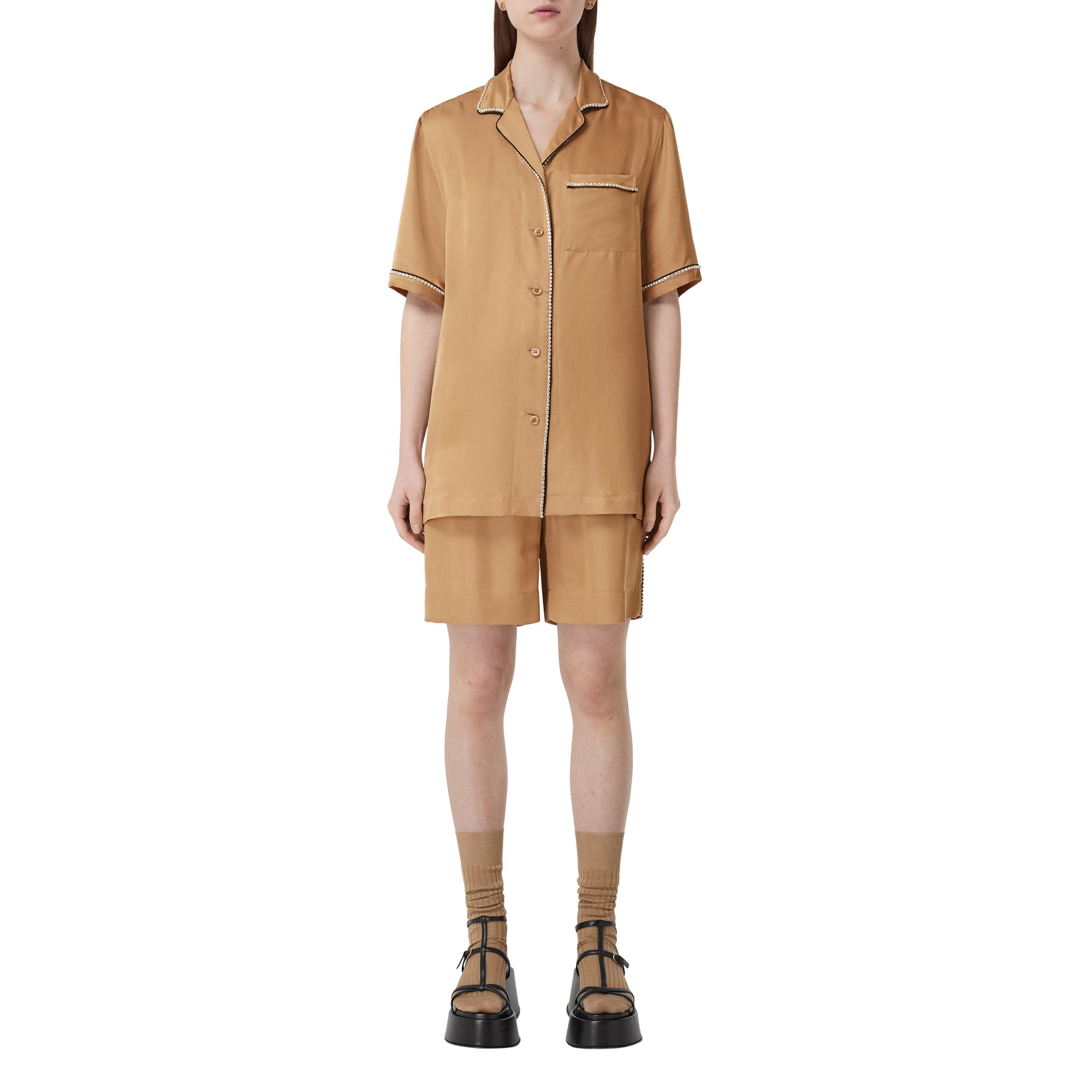 ZZNOSTOCK Chemise pyjama en satin de soie mélangé - Camel