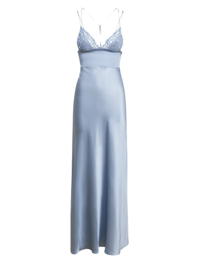 Silk Petit Macrame long nightdress - Azzurro