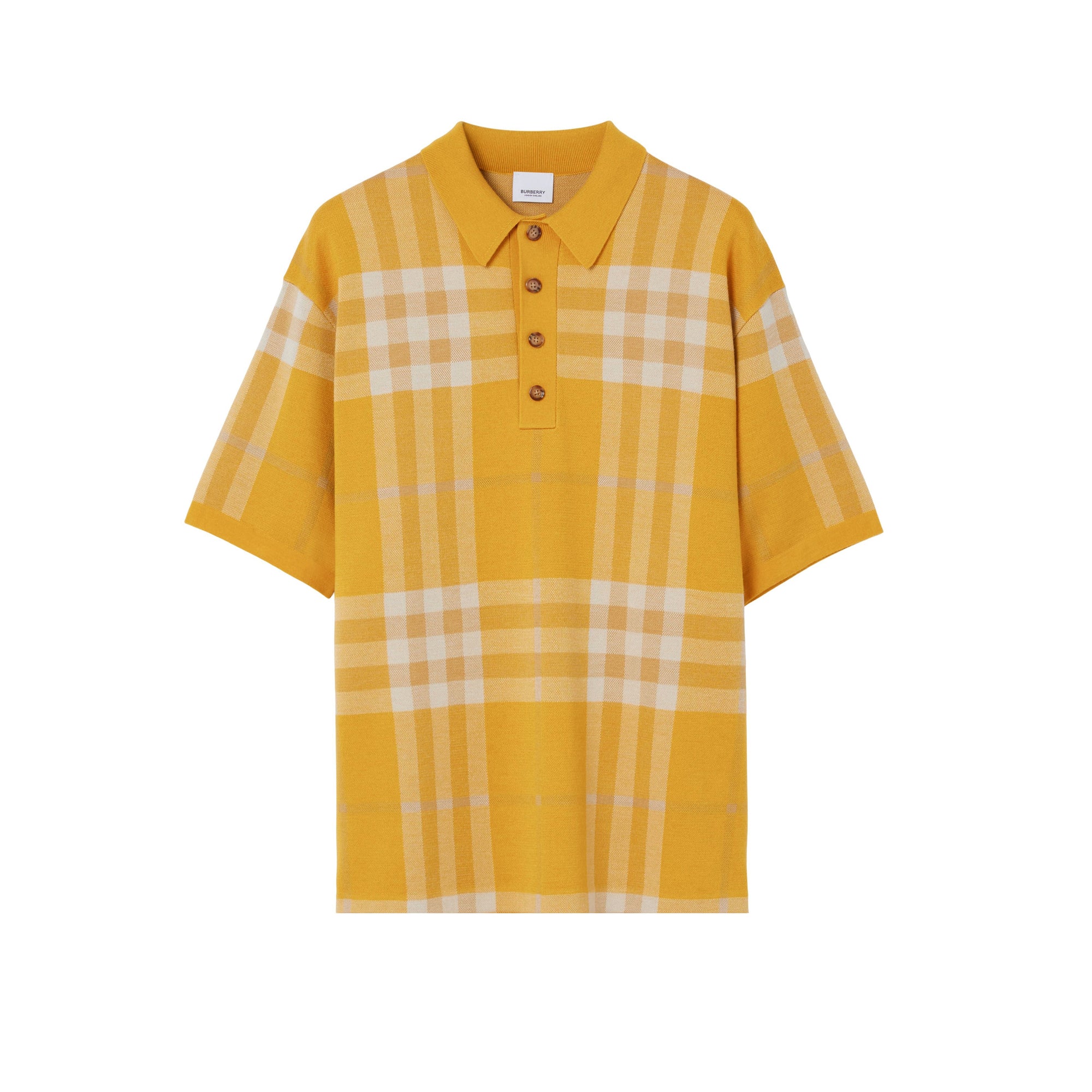 Check polo shirt in wool and silk jacquard - Marigold