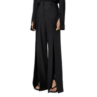 5 qty Pantalon ample en laine et ramie à fentes - Black