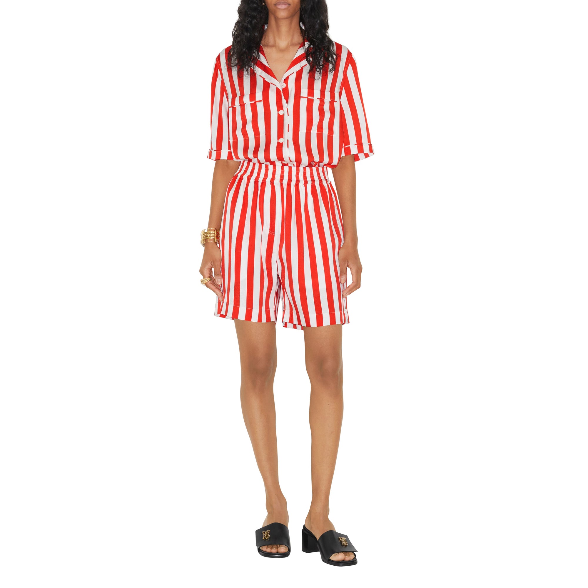 26 qty Chemise pyjama rayée en soie - Bright Chili Red