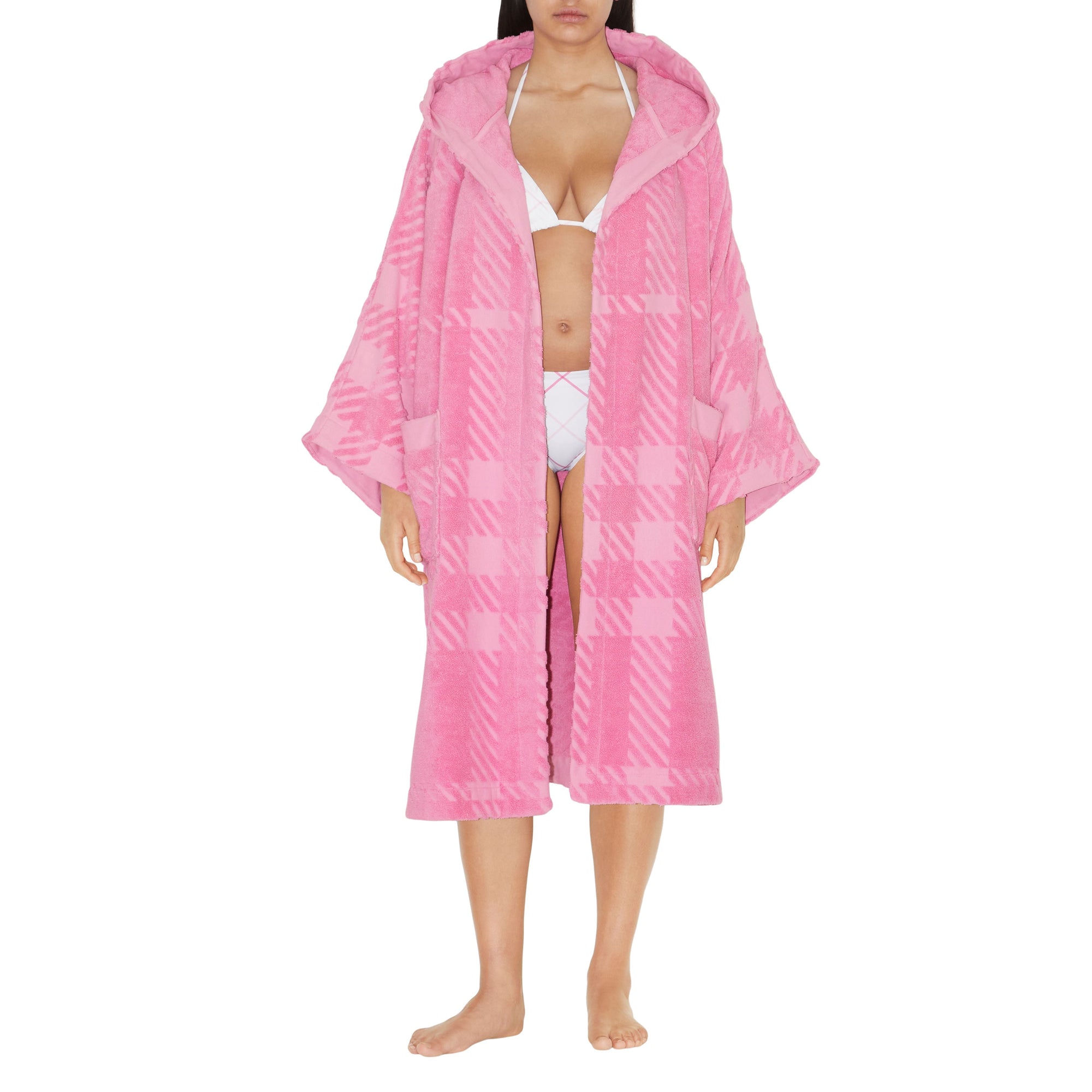 Hooded bathrobe with check pattern - Bubblegum Pink