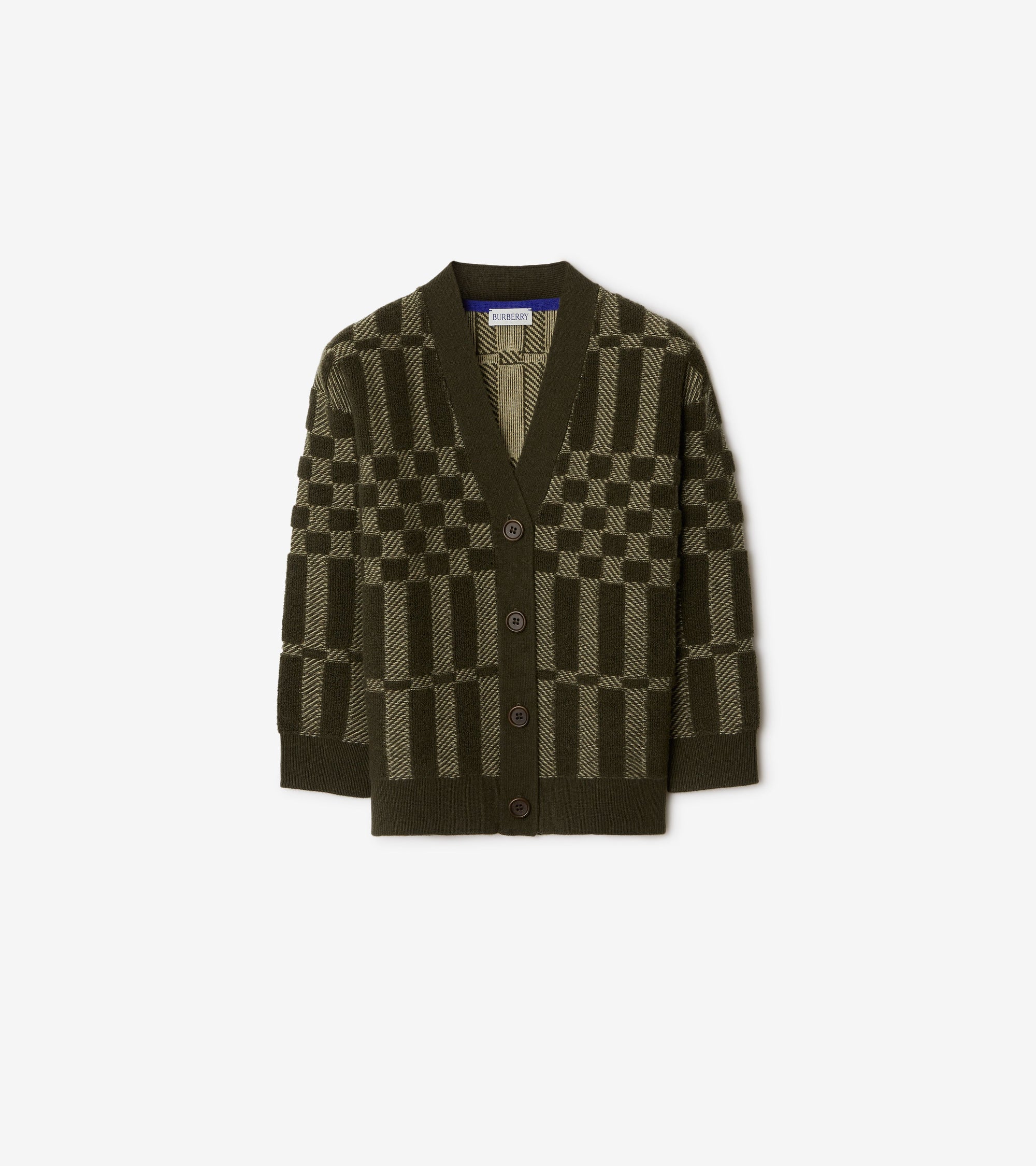 34 qty Cardigan en laine et cachemire à motif check - Dark Khaki Green Check