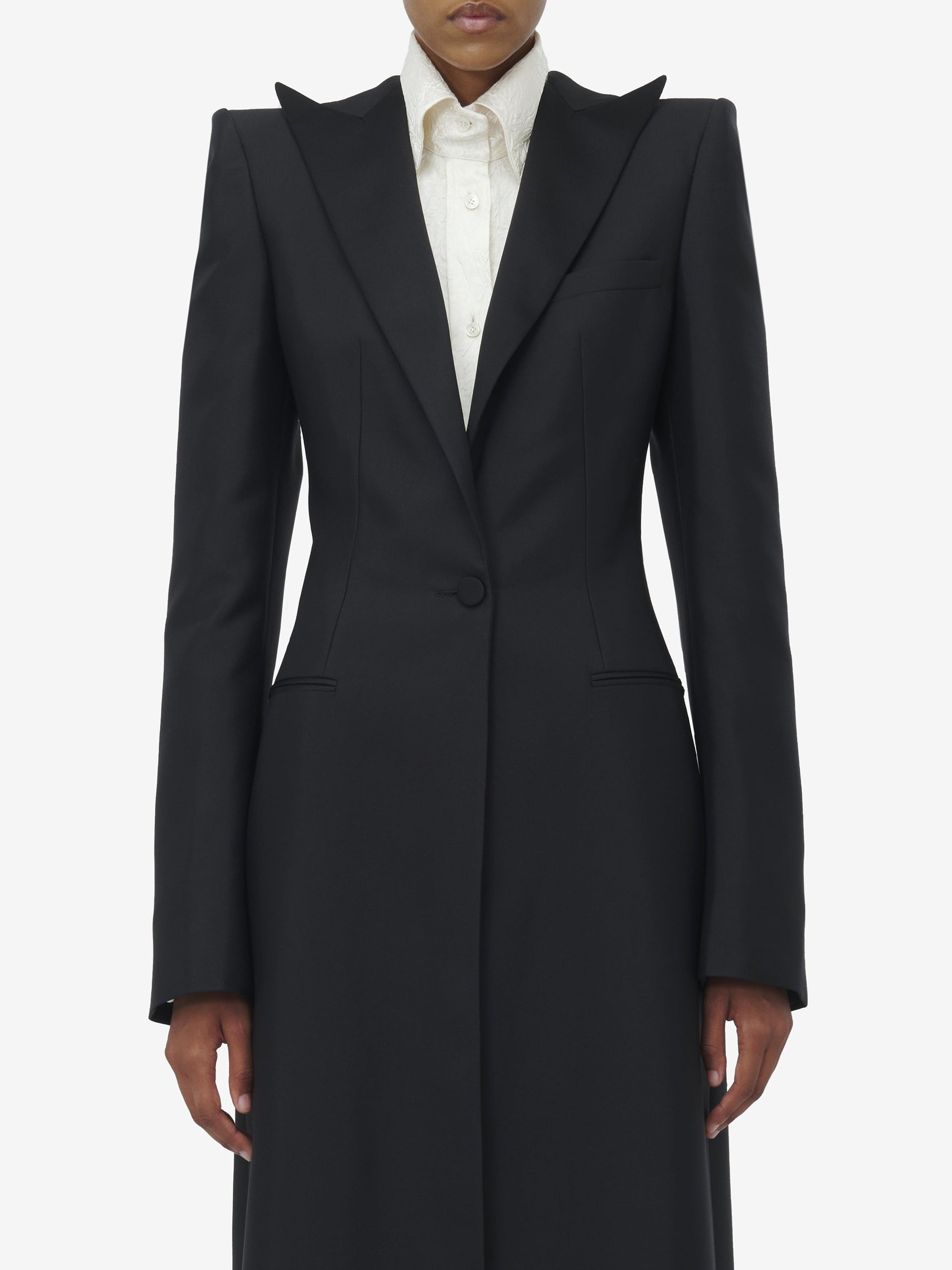 Manteau à boutonnage simple en laine et soie - Black