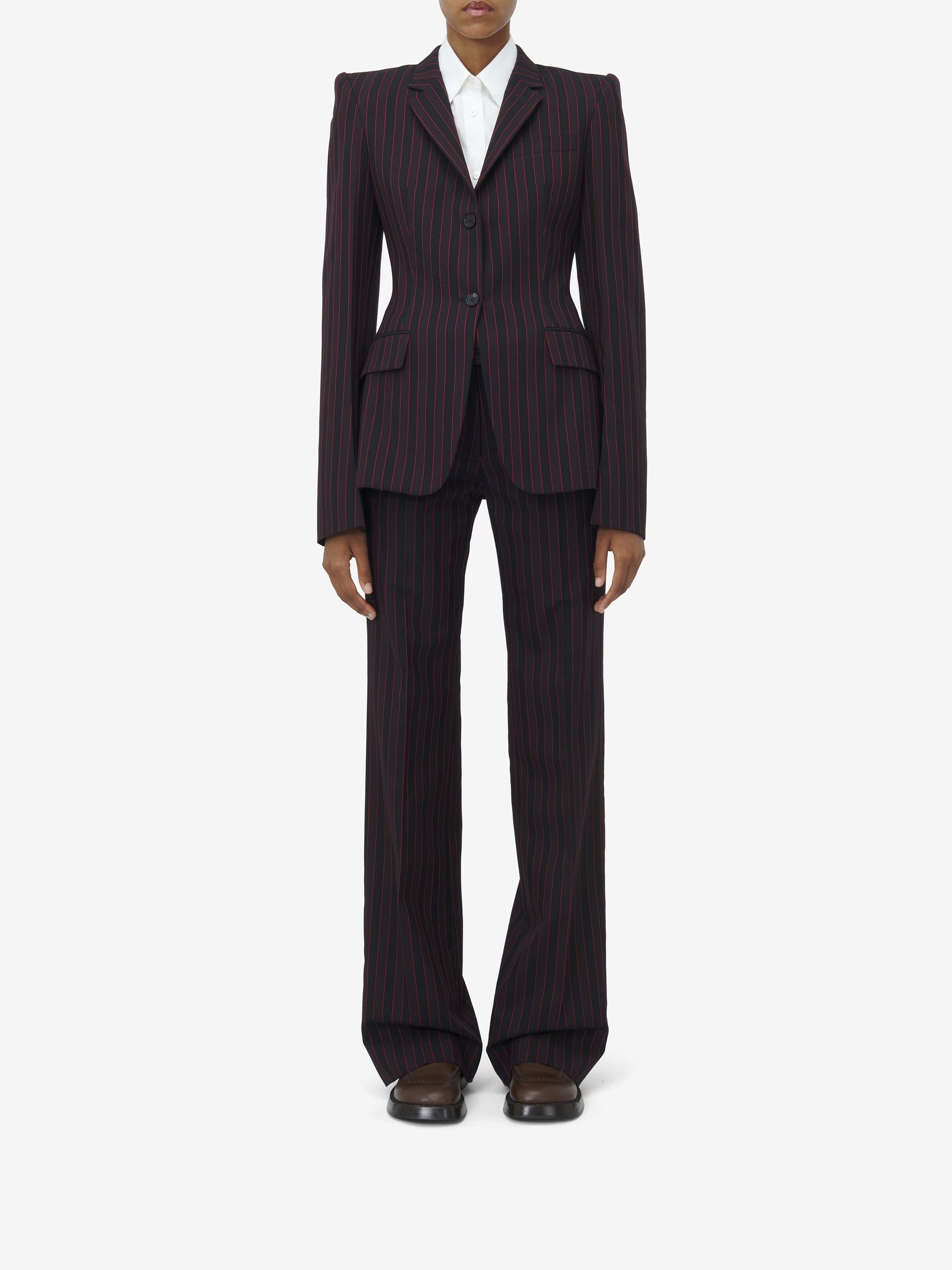 Blazer à boutonnage simple avec rayures en laine - Black Burgundy