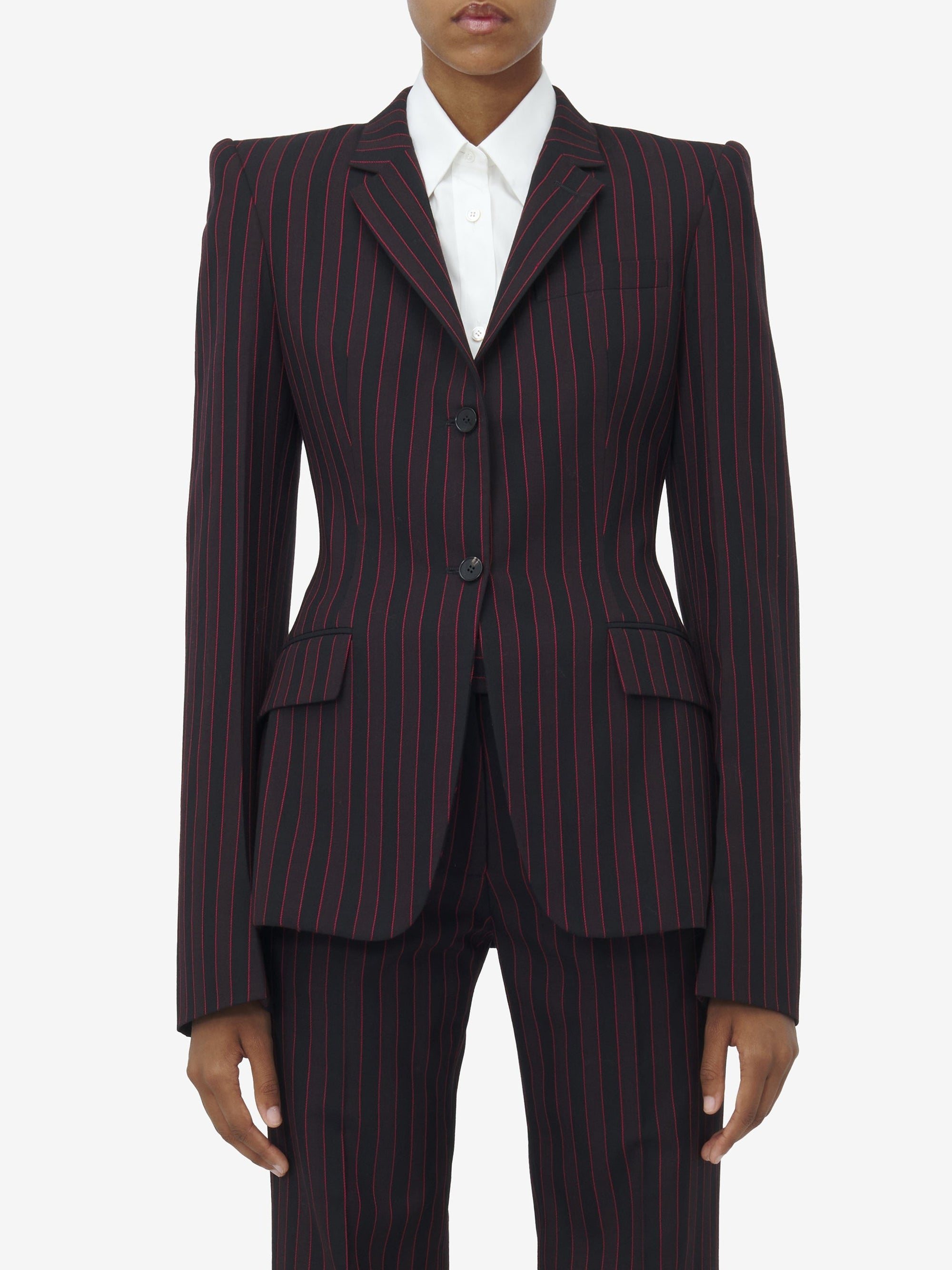 Blazer à boutonnage simple avec rayures en laine - Black Burgundy