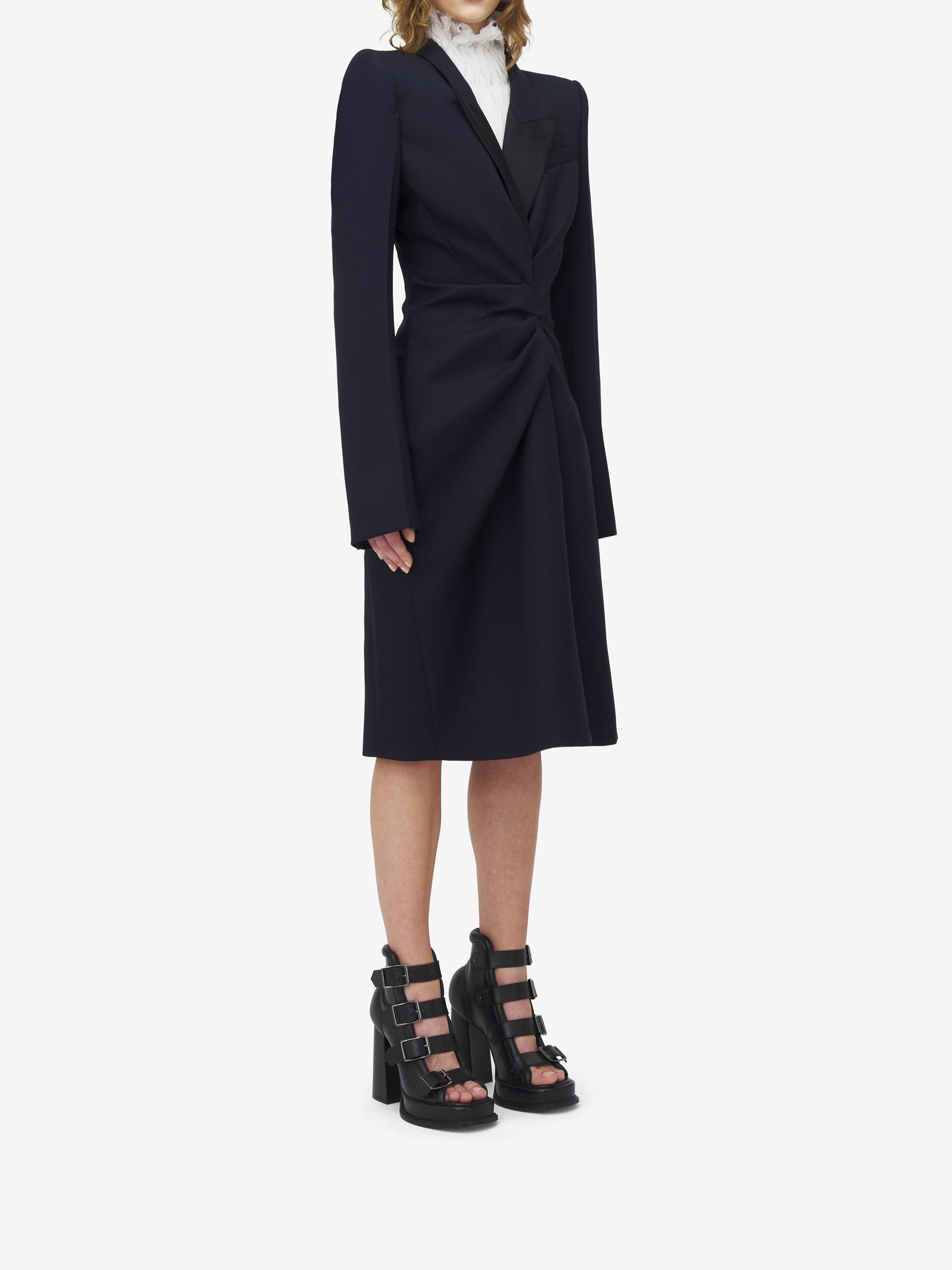 Manteau froncé en laine - Navy