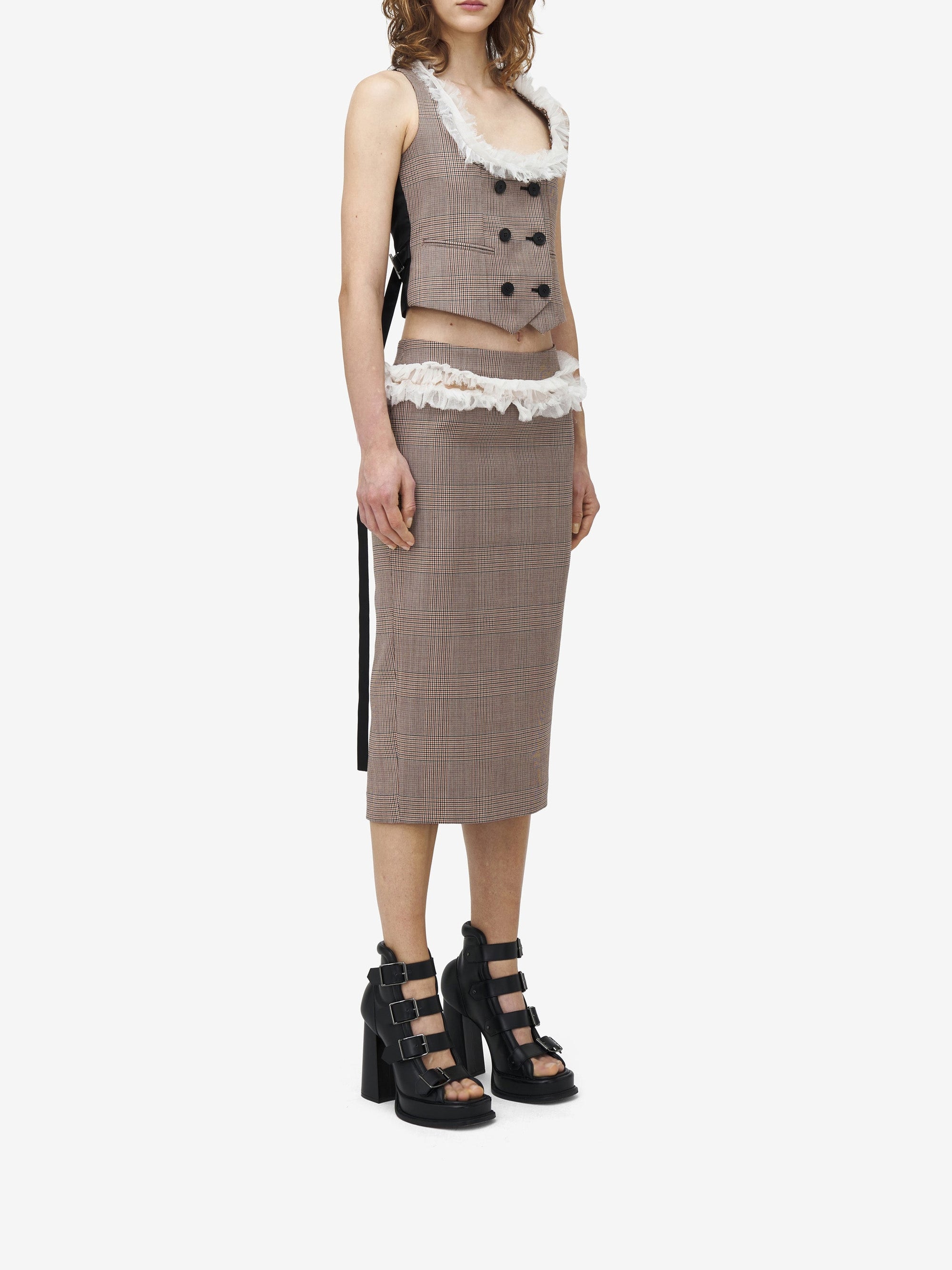 Jupe crayon fendue en laine - Ivory Black Tobacco
