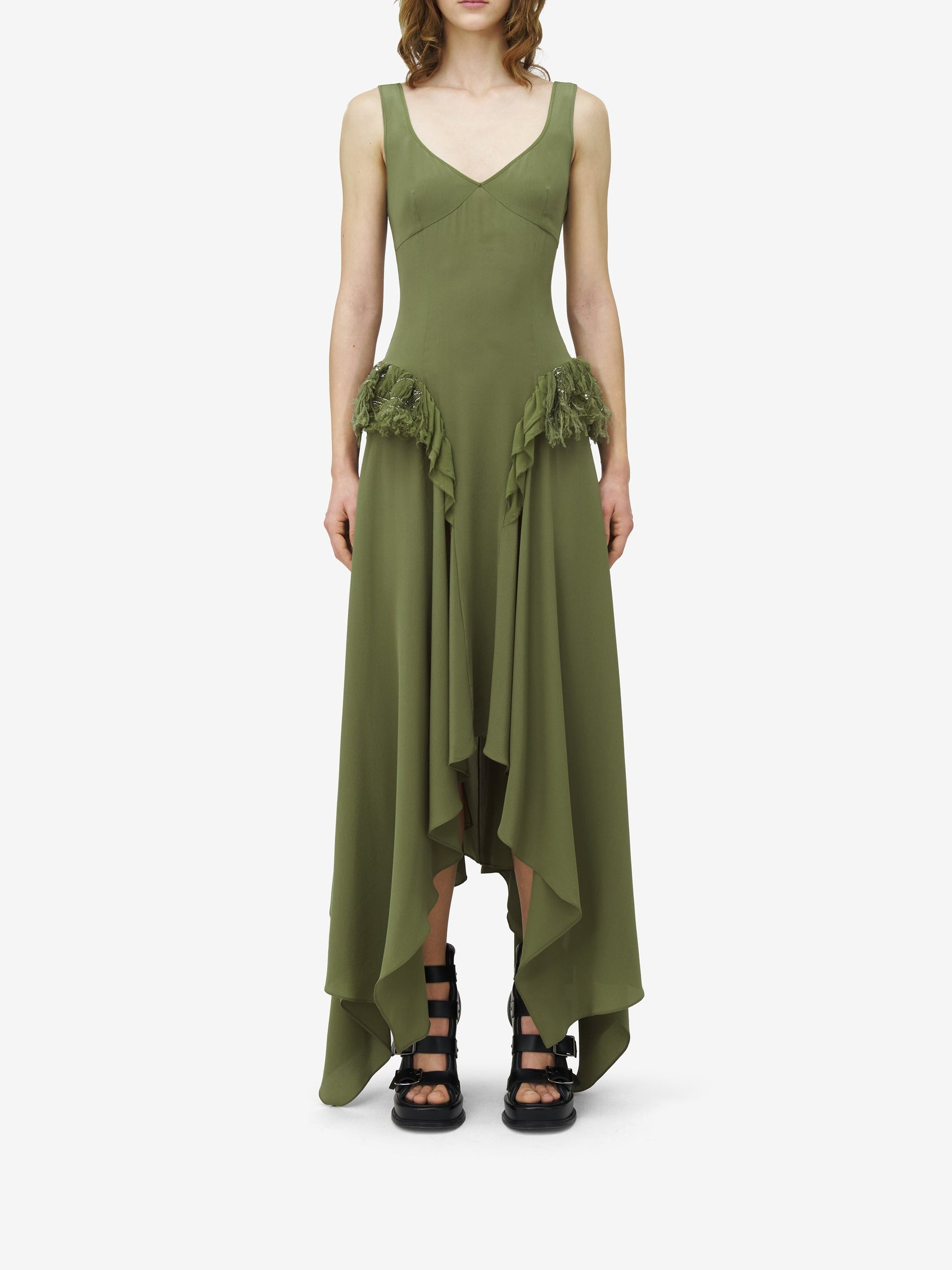 Robe à volants en soie - Khaki