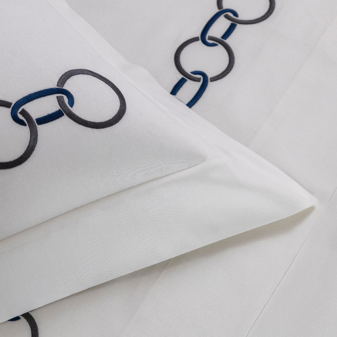 Bed linen set 4 pcs Links embroidery in cotton - Storm grey & Midnight blue