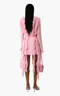 Belted short Bow dress in wool & strass - Pink