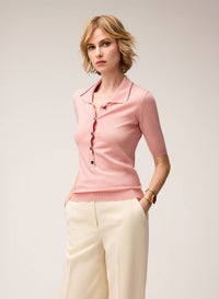 PINK ROSE JERSEY STITCH KNIT POLO WITH CONTRASTING STRIPE DETAIL