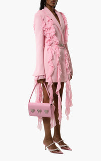 Belted short Bow dress in wool & strass - Pink