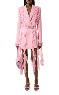 Belted short Bow dress in wool & strass - Pink