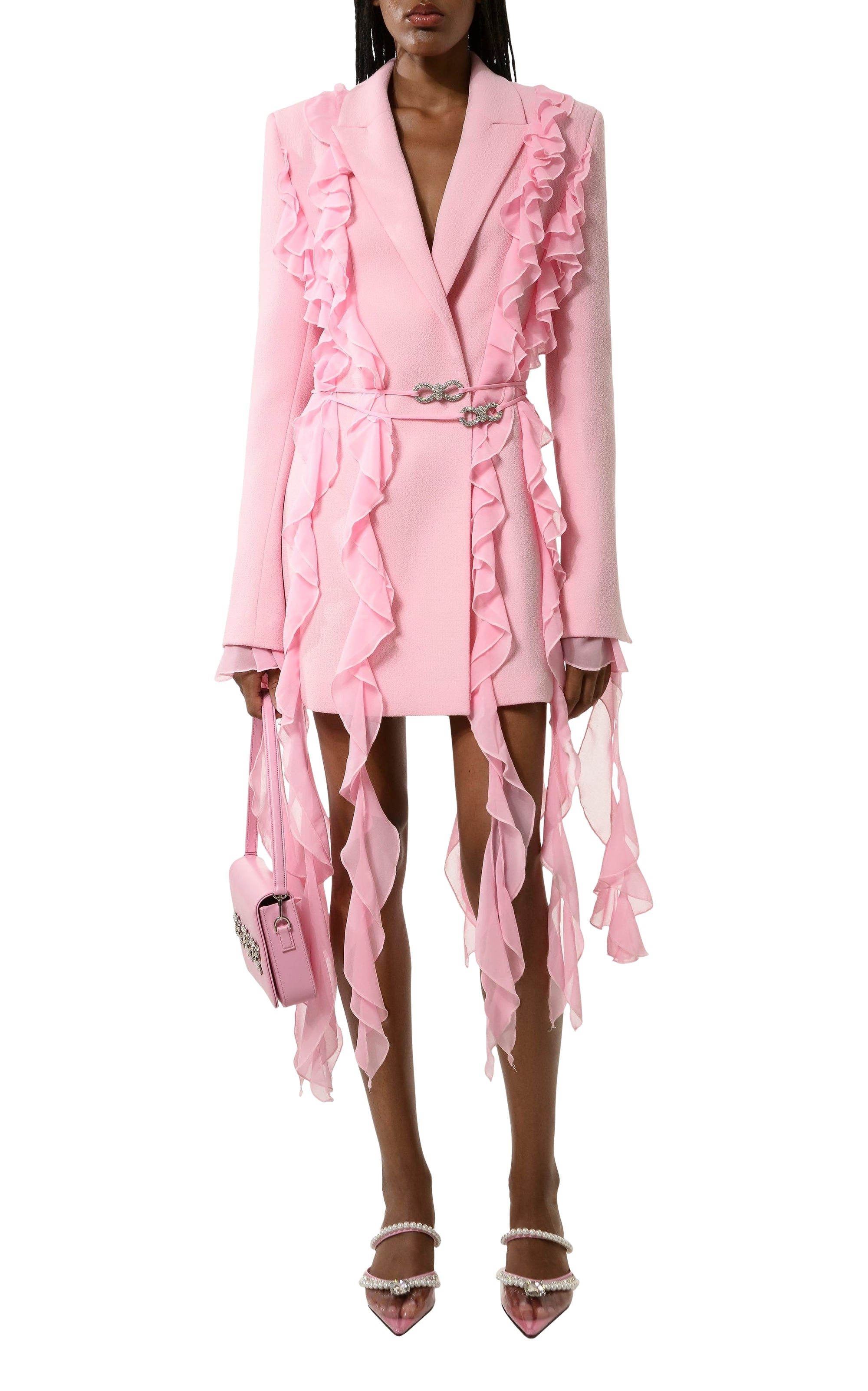 Belted short Bow dress in wool & strass - Pink