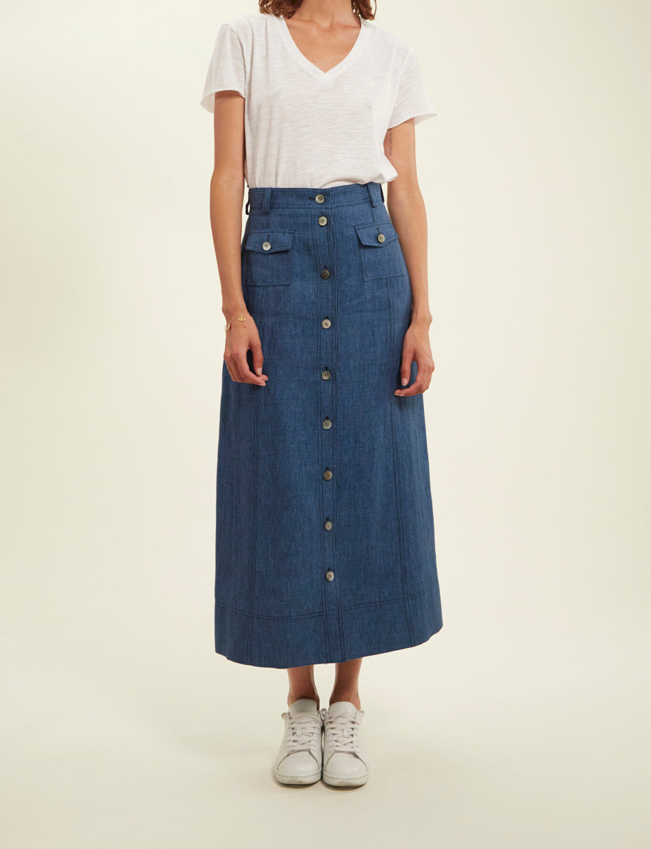 1qty RELIQUAT 90€ 100%  / Jupe trapèze Tatiana en lin - Blue Denim