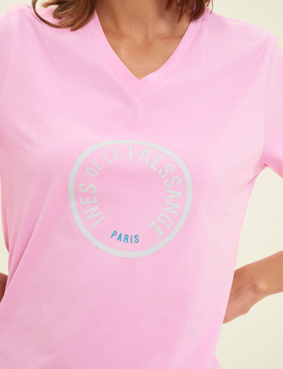 2qty RELIQUAT 20€ 0%  / T-shirt col V Aurore - Pink White Logo