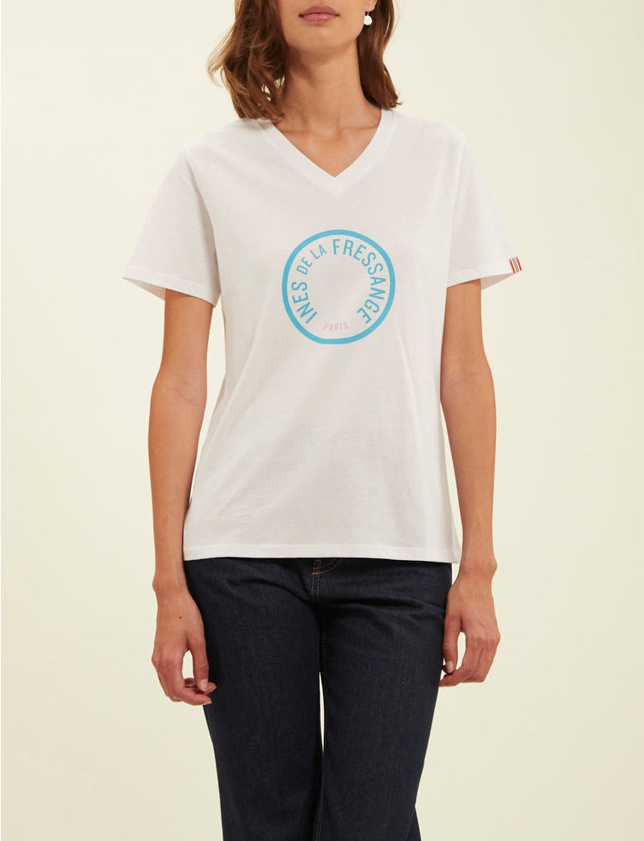 9qty RELIQUAT 20€ 0%  / T-shirt col V Aurore - White Turquoise