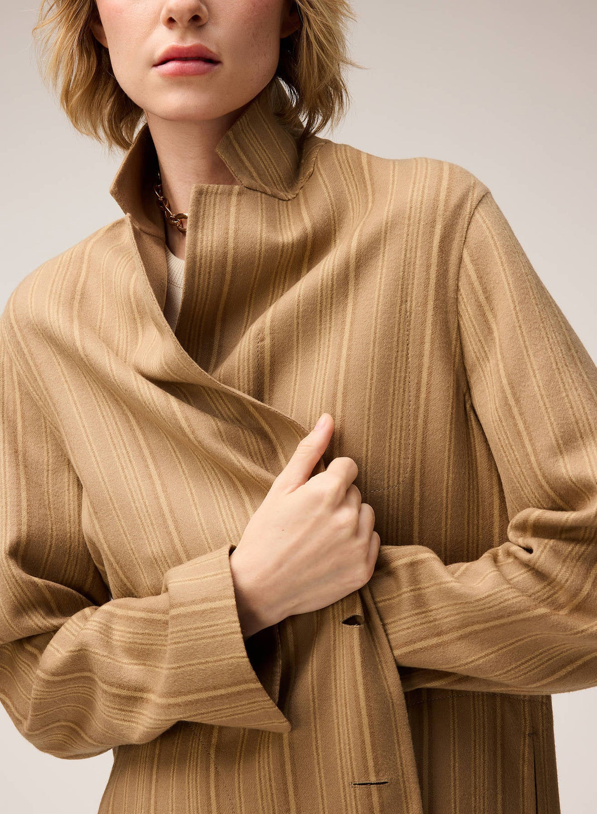 SAND, DARK TAUPE, YELLOW STRIPED DOUBLE WOOL REVERSIBLE COAT