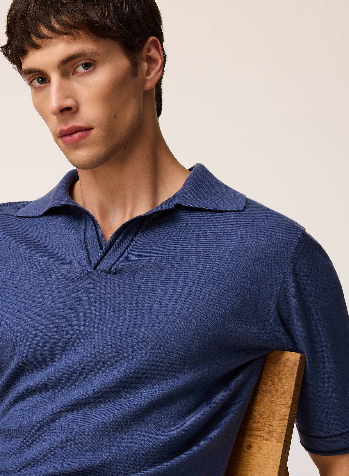 BLUE JERSEY STITCH KNIT POLO WITH CONTRASTING STRIPE DETAIL