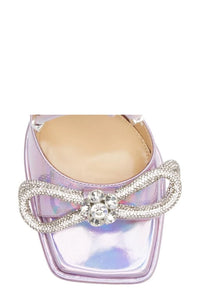 Double Bow 140 platform sandals in leather & rhinestone - Pink Iridescent