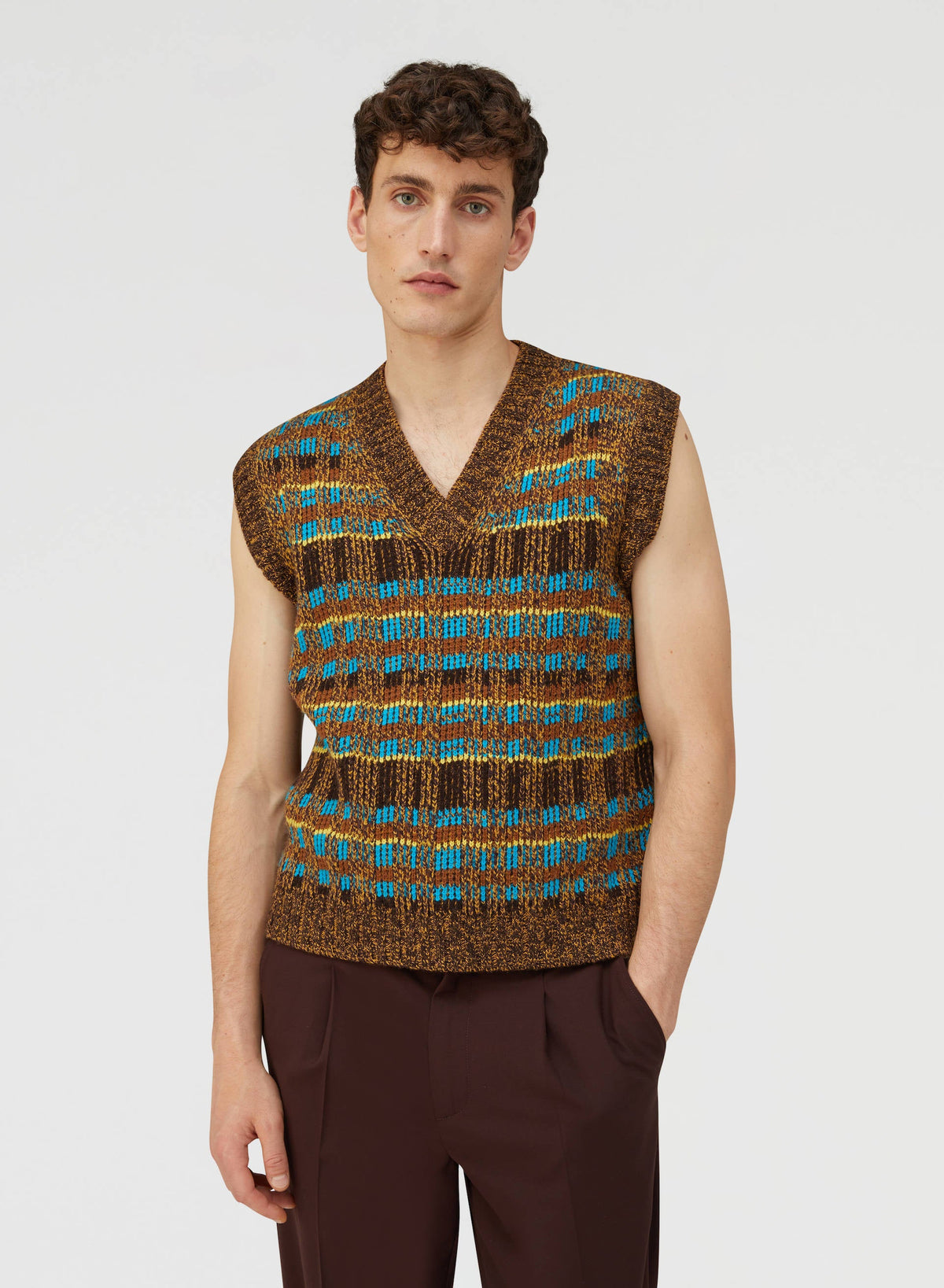 CHOCOLATE AND TURQUOISE JACQUARD WEAVED VNECK VEST