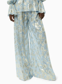 PANTALON PALAZZO À FLEURS - Bleu Clair