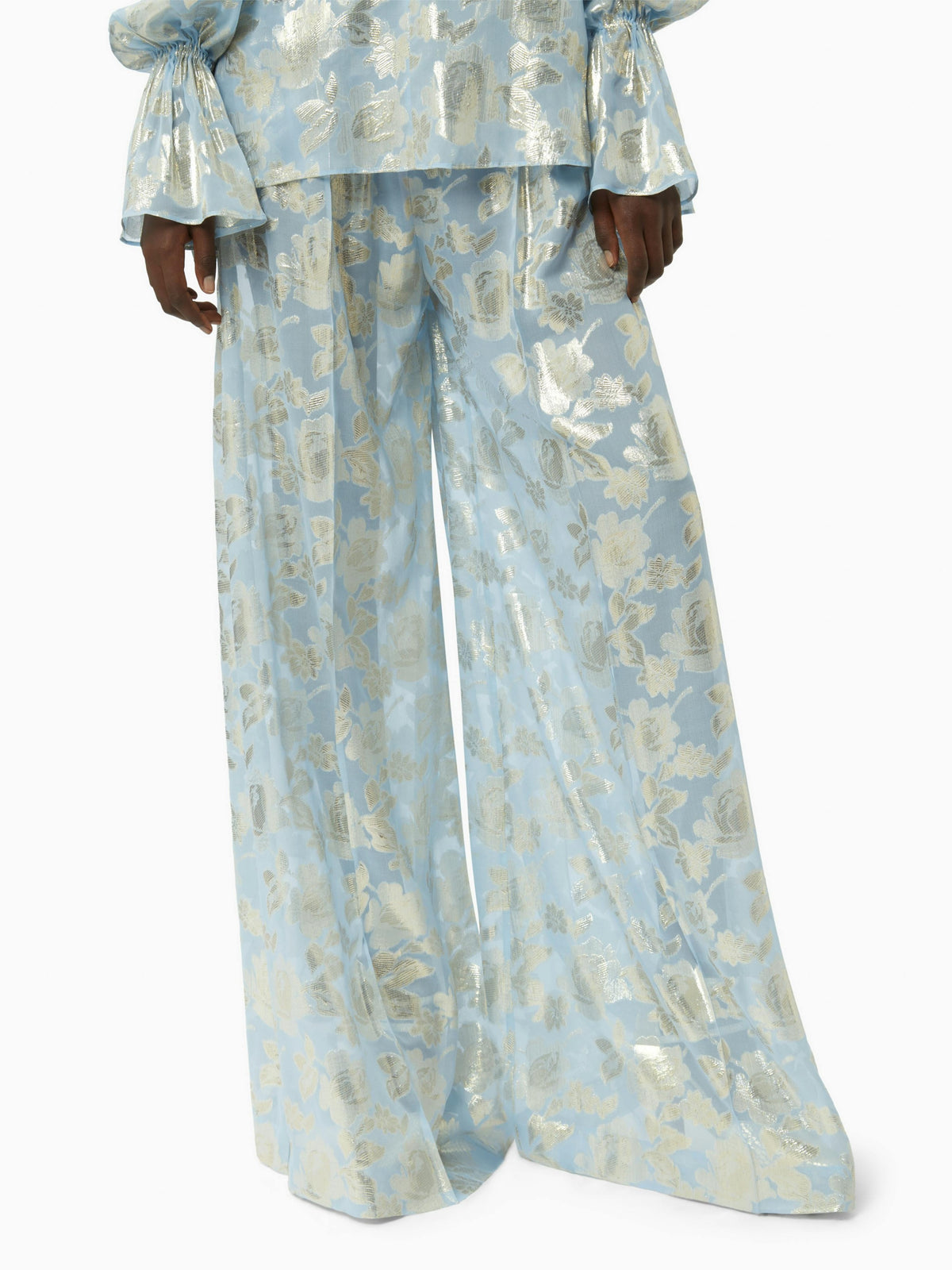 PANTALON PALAZZO À FLEURS - Bleu Clair