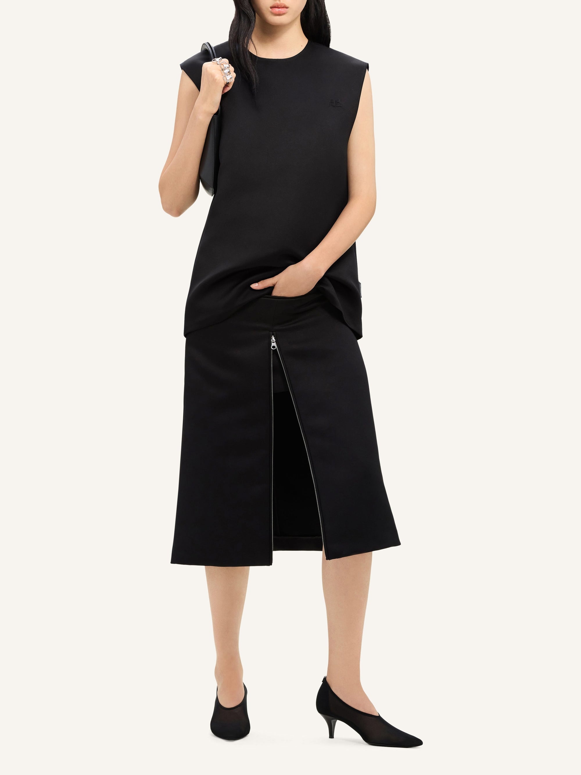 PREMIUM 5pcs NEW / JUPE MIDI TAILLEUR ZIPPÉE EN SATIN - Black
