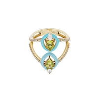 Ring in 14K Yellow Gold & Peridots Set with Diamonds - Blue