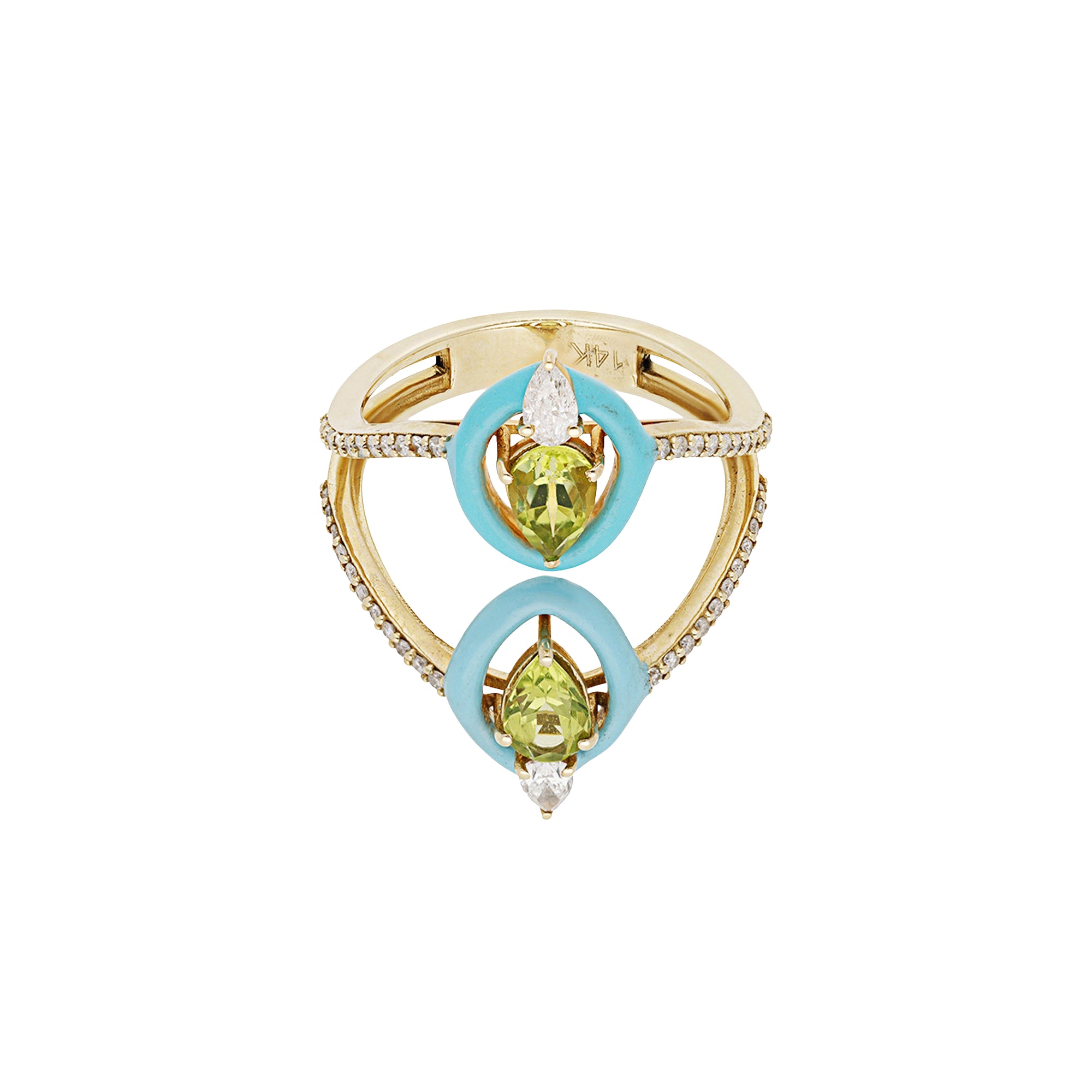 Ring in 14K Yellow Gold & Peridots Set with Diamonds - Blue
