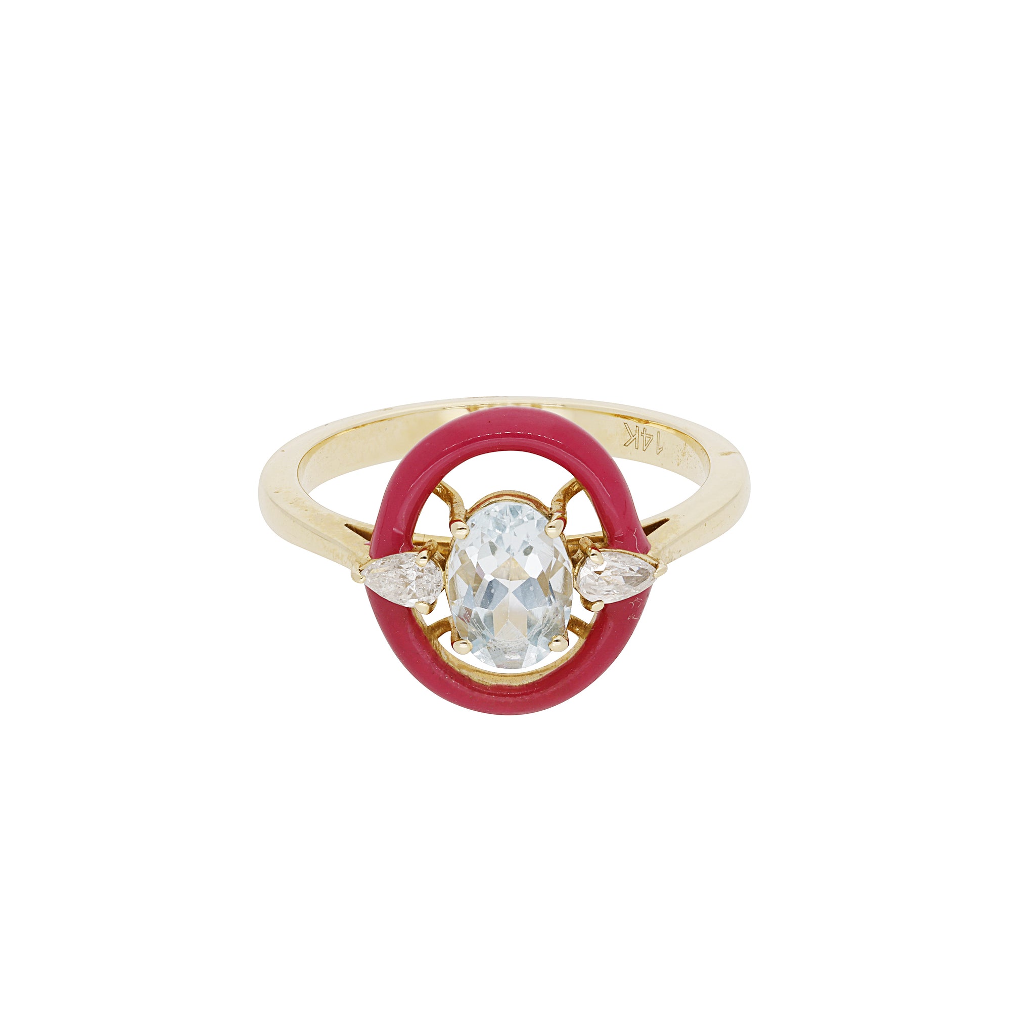 Rouge / Bague en Or jaune 14K & Aquamarine sertie de diamants - Rouge