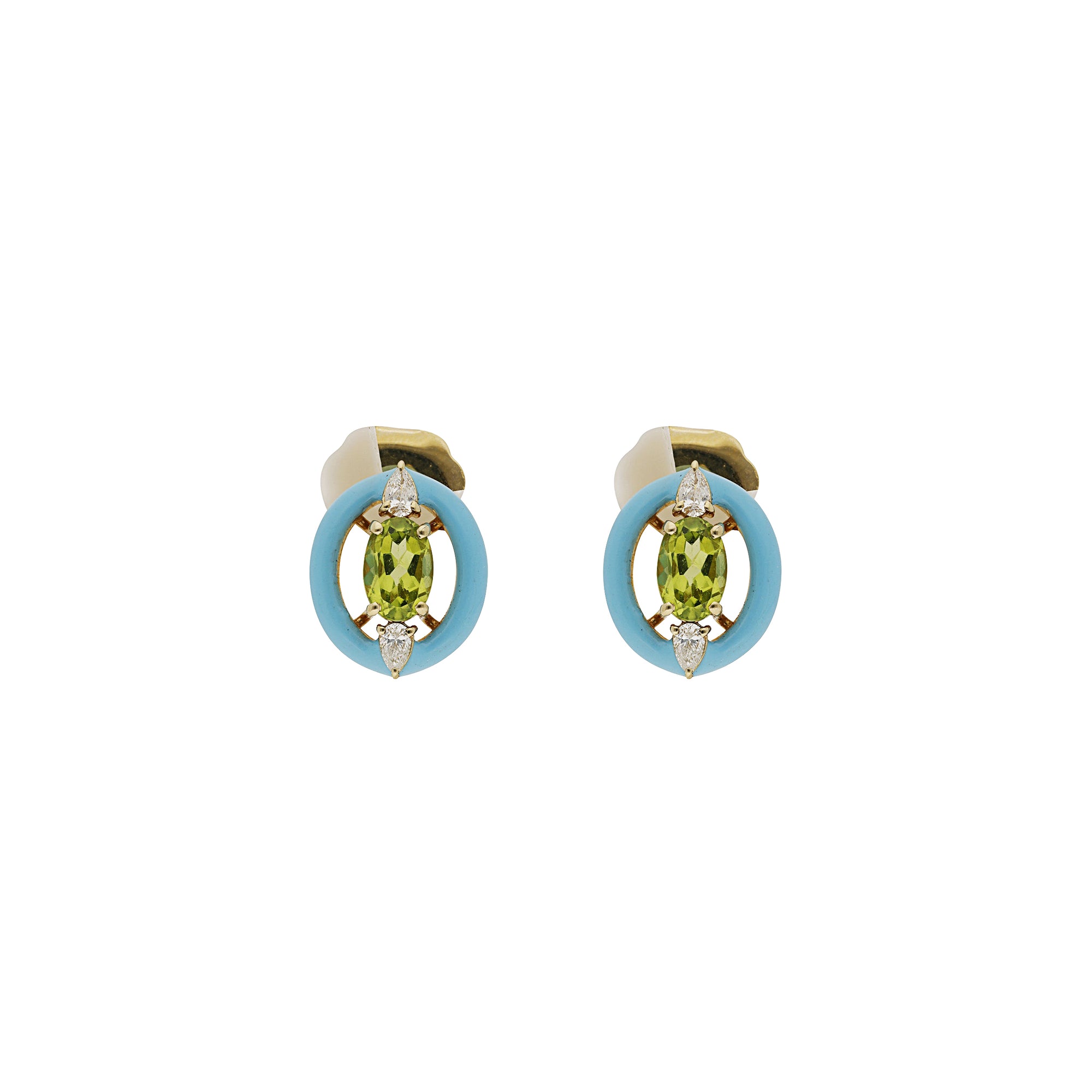Earrings in 14K Yellow Gold & Peridots set with diamonds - Blue