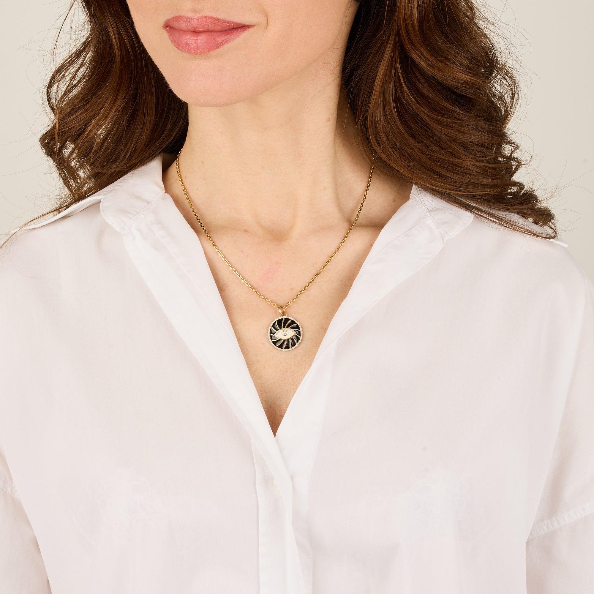 Blanc / Pendentif Rond Œil en Or jaune 14K serti de diamants - Blanc