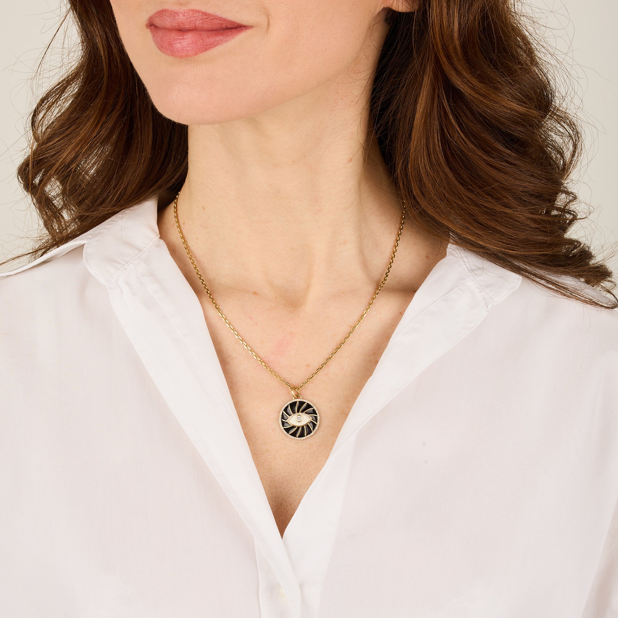 Blanc / Pendentif Rond Œil en Or jaune 14K serti de diamants - Blanc