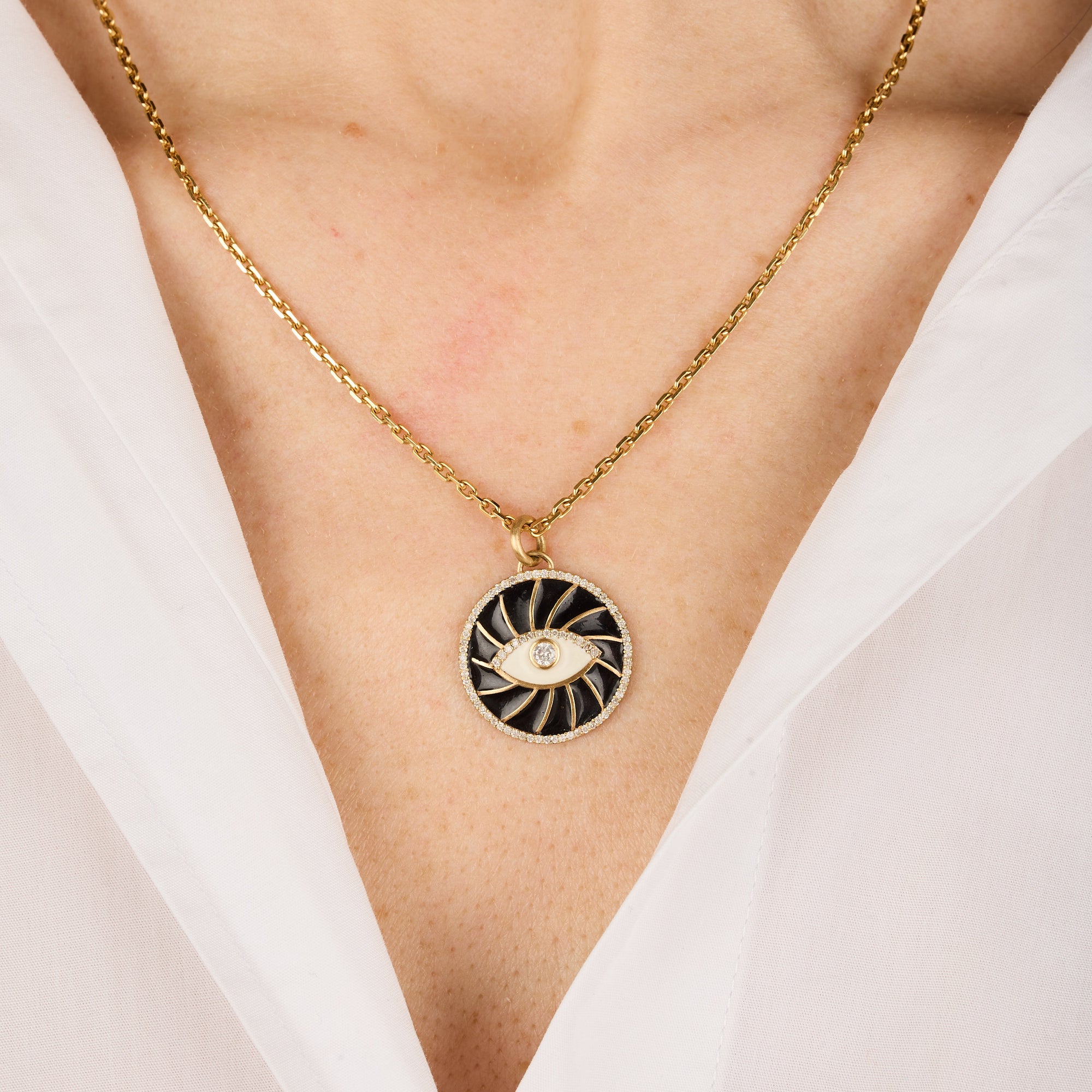 Blanc / Pendentif Rond Œil en Or jaune 14K serti de diamants - Blanc
