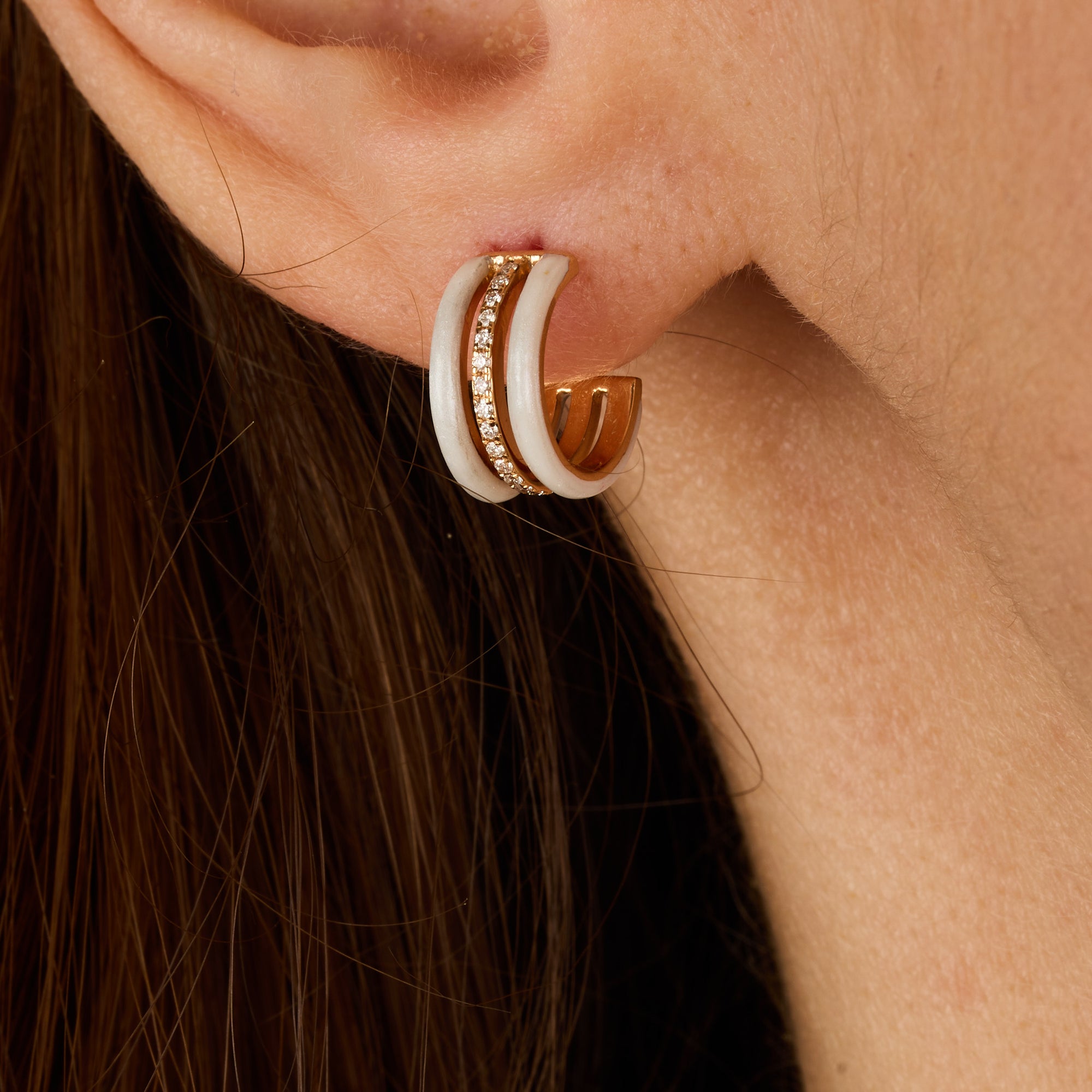 Blanche / Mono boucle Créole Double en Or rose 18K sertie de diamants - Blanche