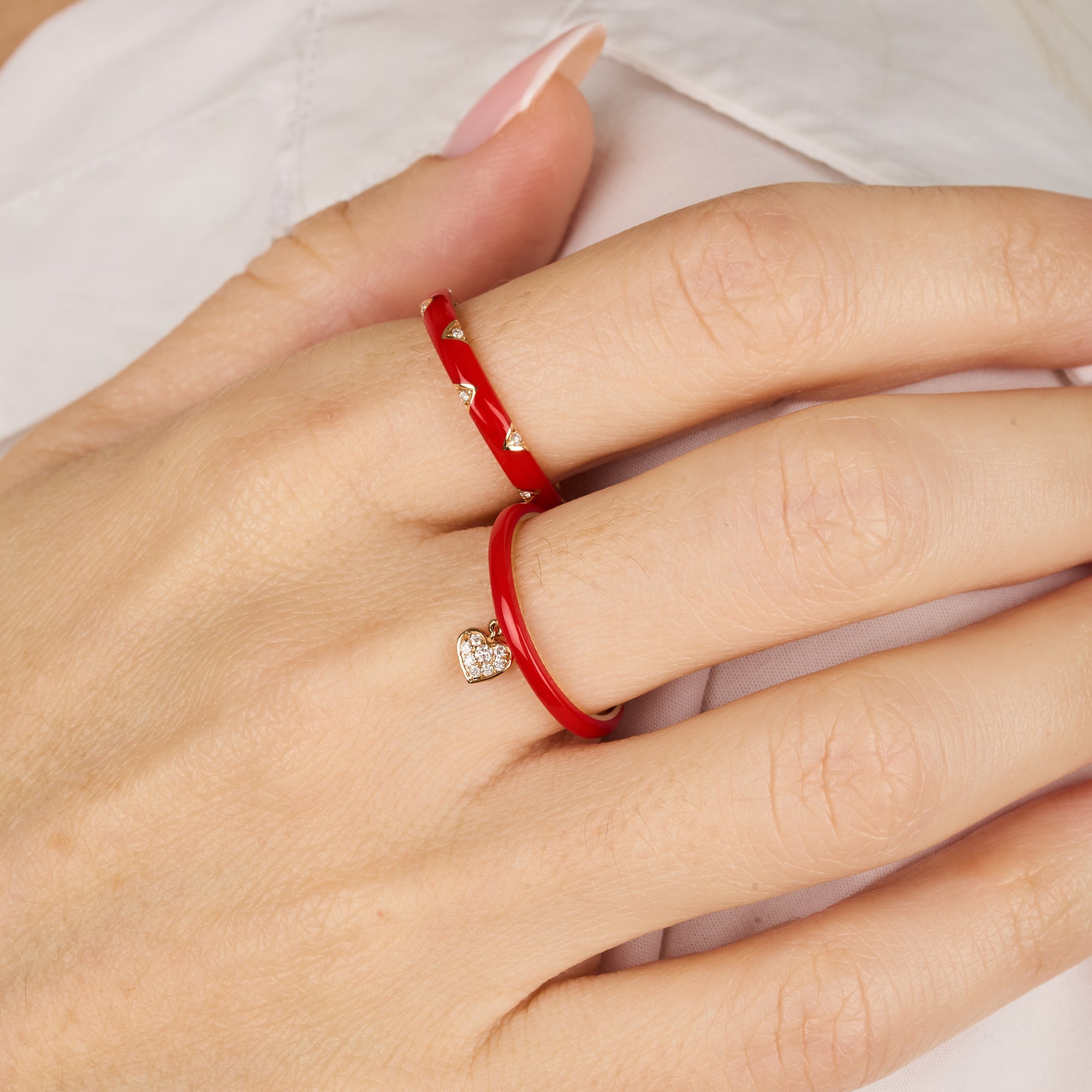Rouge / Bague Cœur en Or rose 14K sertie de diamants - Rouge