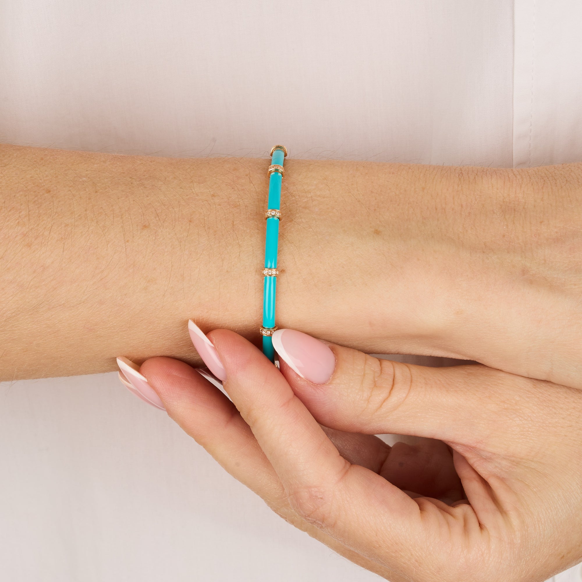 Bleu Turquoise / Jonc Art Deco en Or rose 14K serti de diamants - Bleu Turquoise