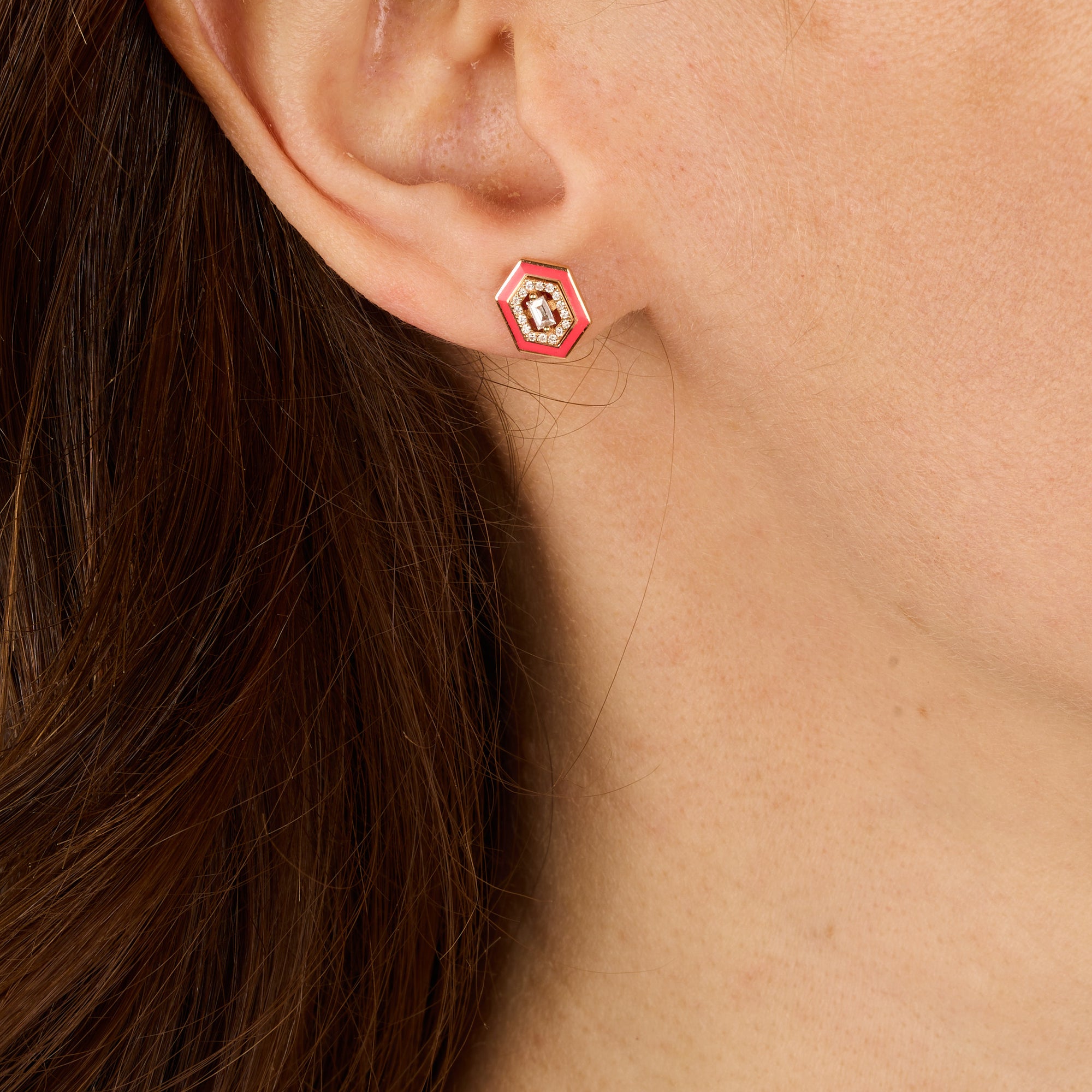 Rose fluo / Mono boucle Hexagone Art Deco en Or rose 14K sertie de diamants - Rose fluo