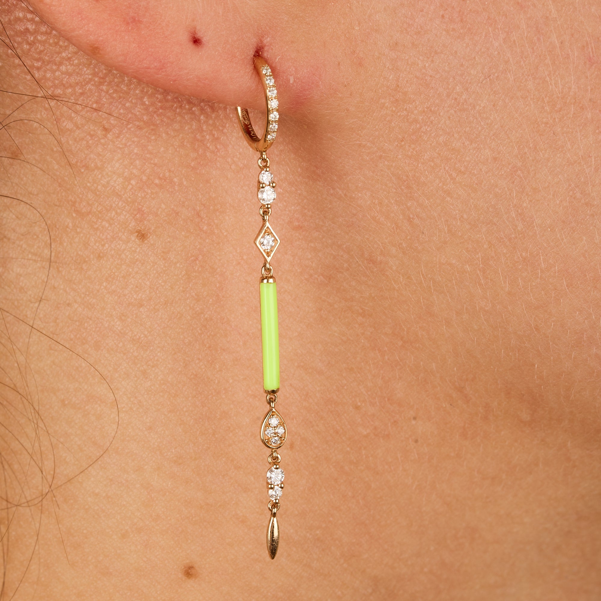 Jaune Fluo / Mono boucle longue Art Deco en Or rose 14K sertie de diamants - Jaune Fluo