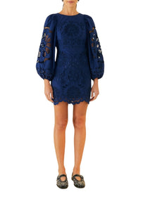 Robe courte Richelieu à fleurs en coton - Bleu