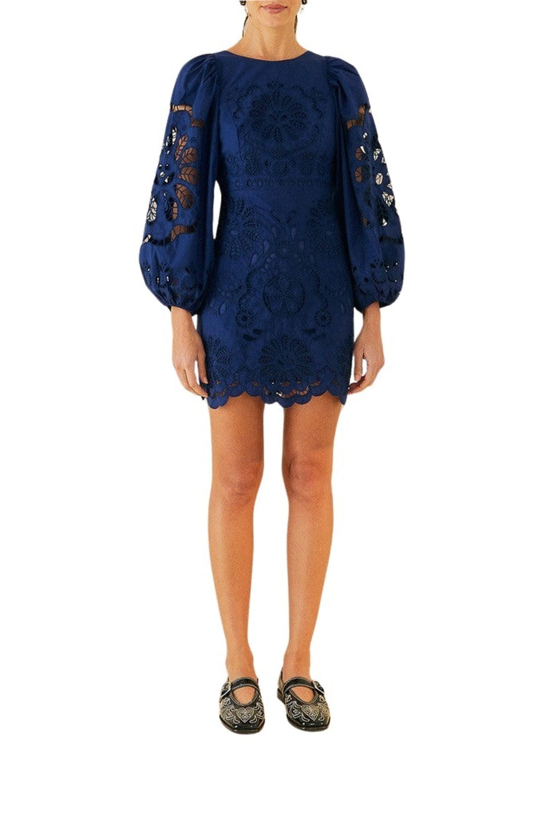 Robe courte Richelieu à fleurs en coton - Bleu