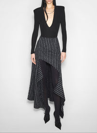 BLACK / WHITE // pinstripe asymmetric cascading skirt