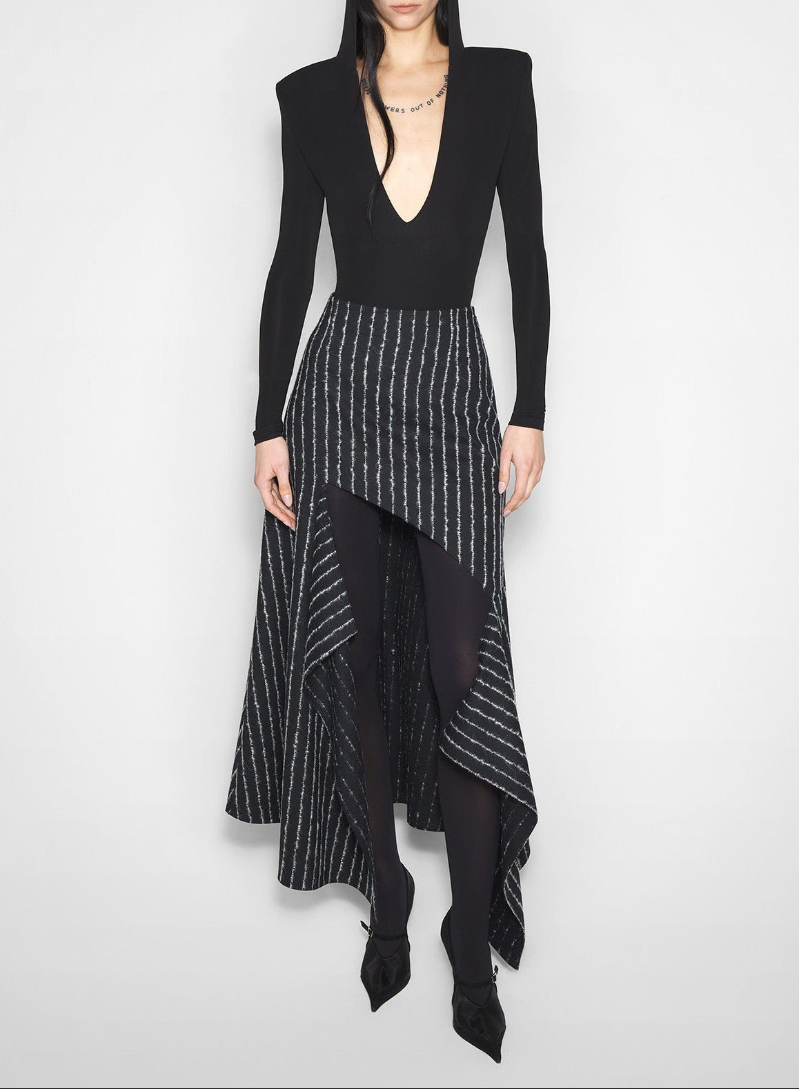 BLACK / WHITE // pinstripe asymmetric cascading skirt