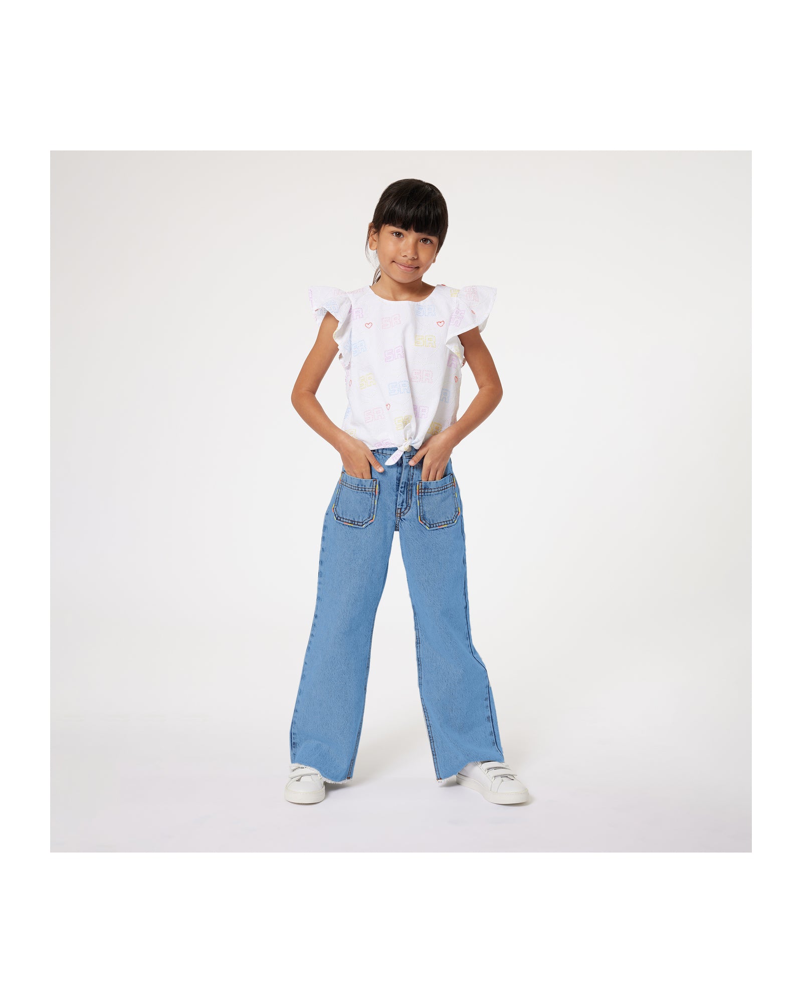 Blouse en percale brodée de coeurs - Blanc