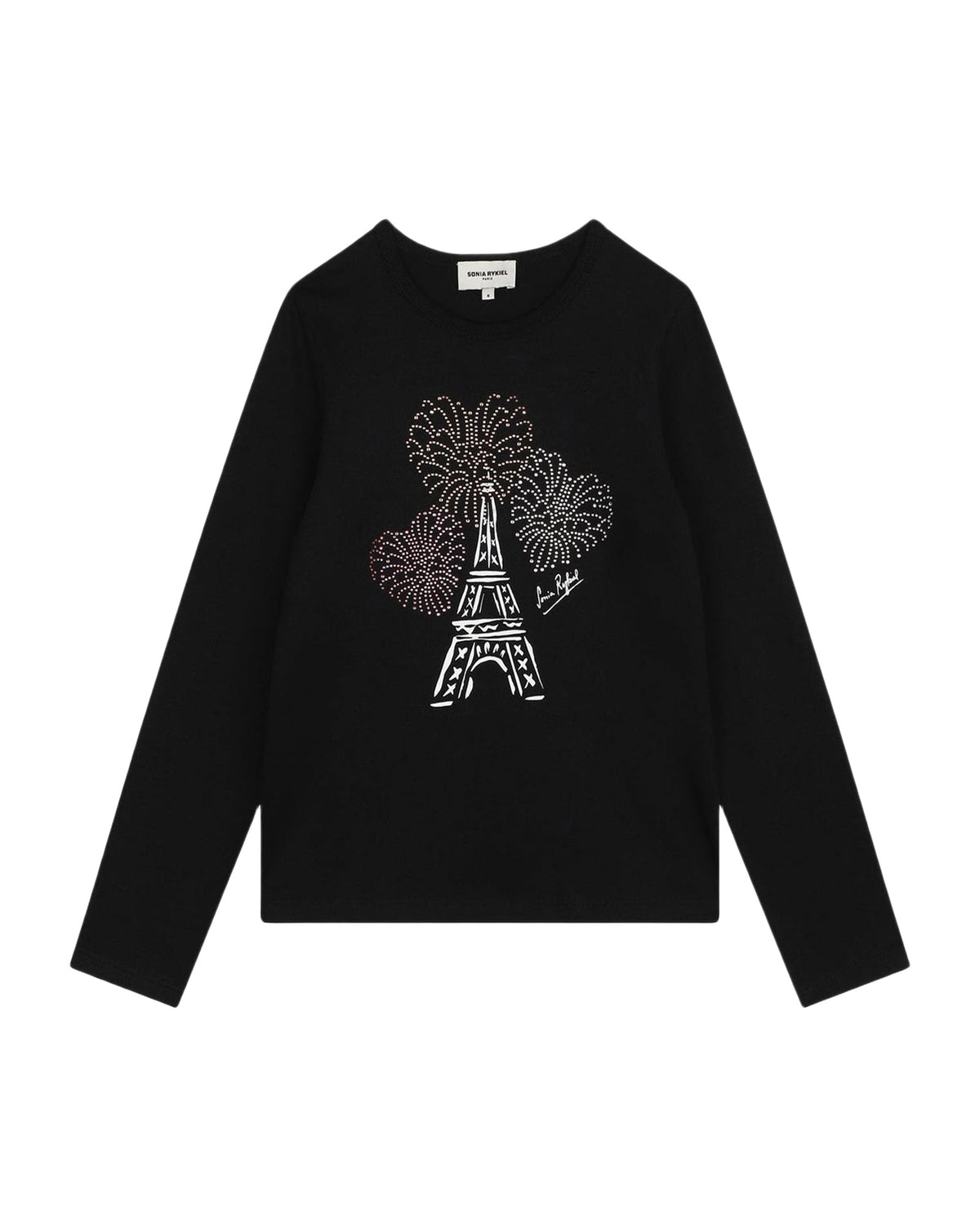 T-shirt à illustrations fantaisie à strass en coton - Black